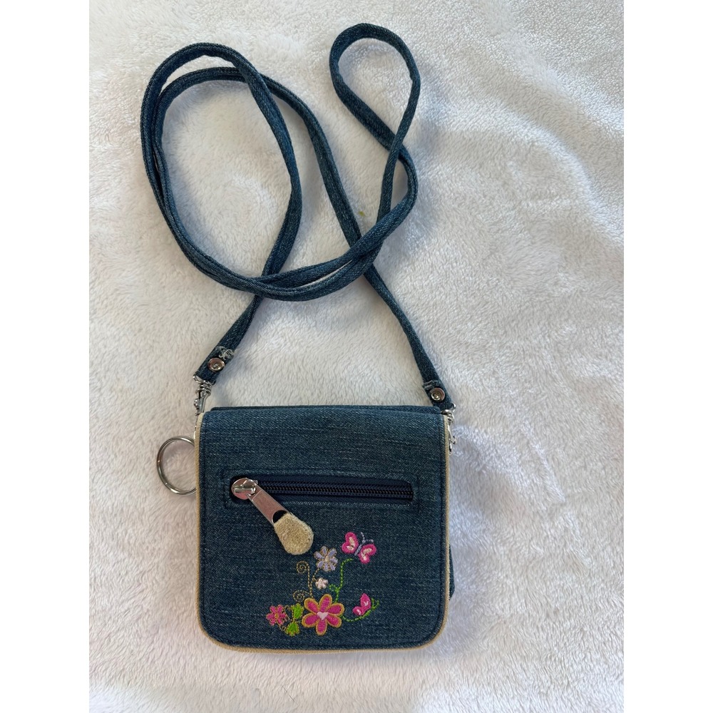 Vintage Denim Embroidered Floral Butterfly Crossbody Wallet Mini Bag Blue